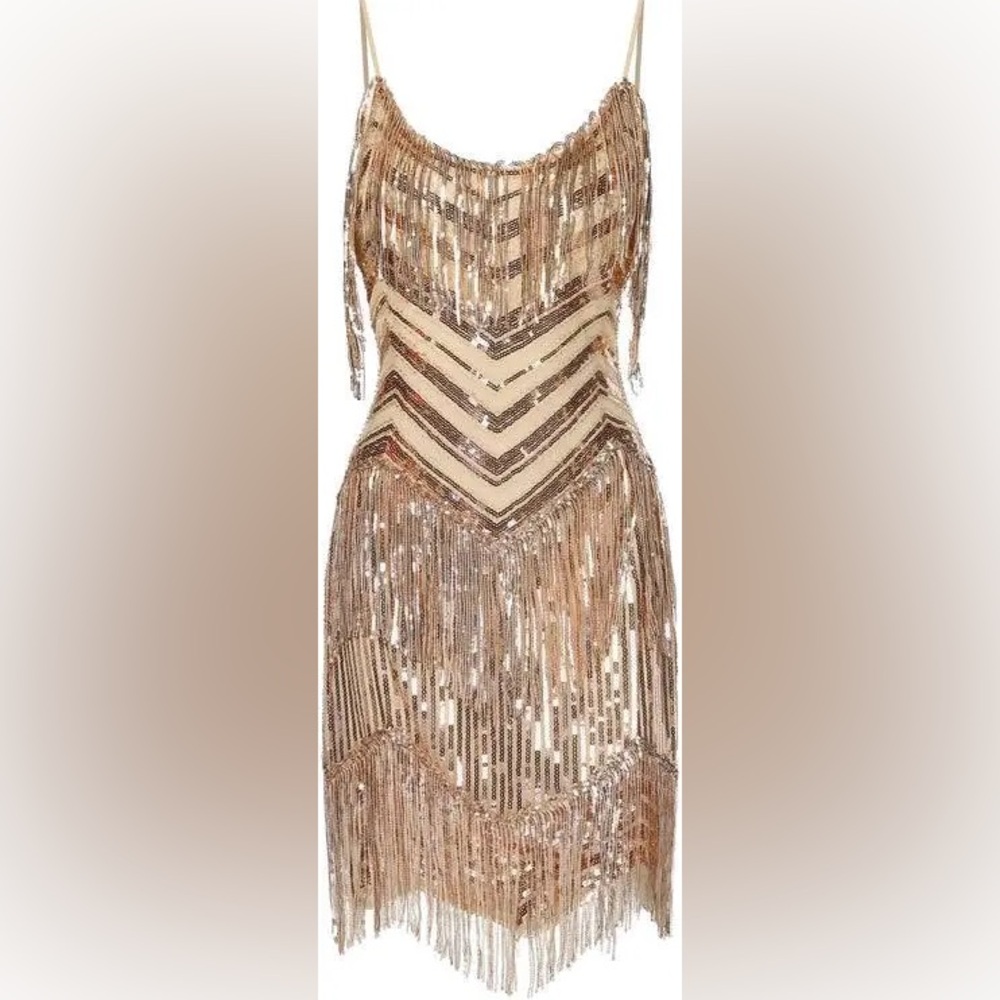Retro Stage Eras Tour Outfit V-Neck Gold Sequined Fringe Mini Dress